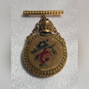 Vintage Petit Point Brass Perfume Bottle Brooch Floral Needlepoint Round 1940s